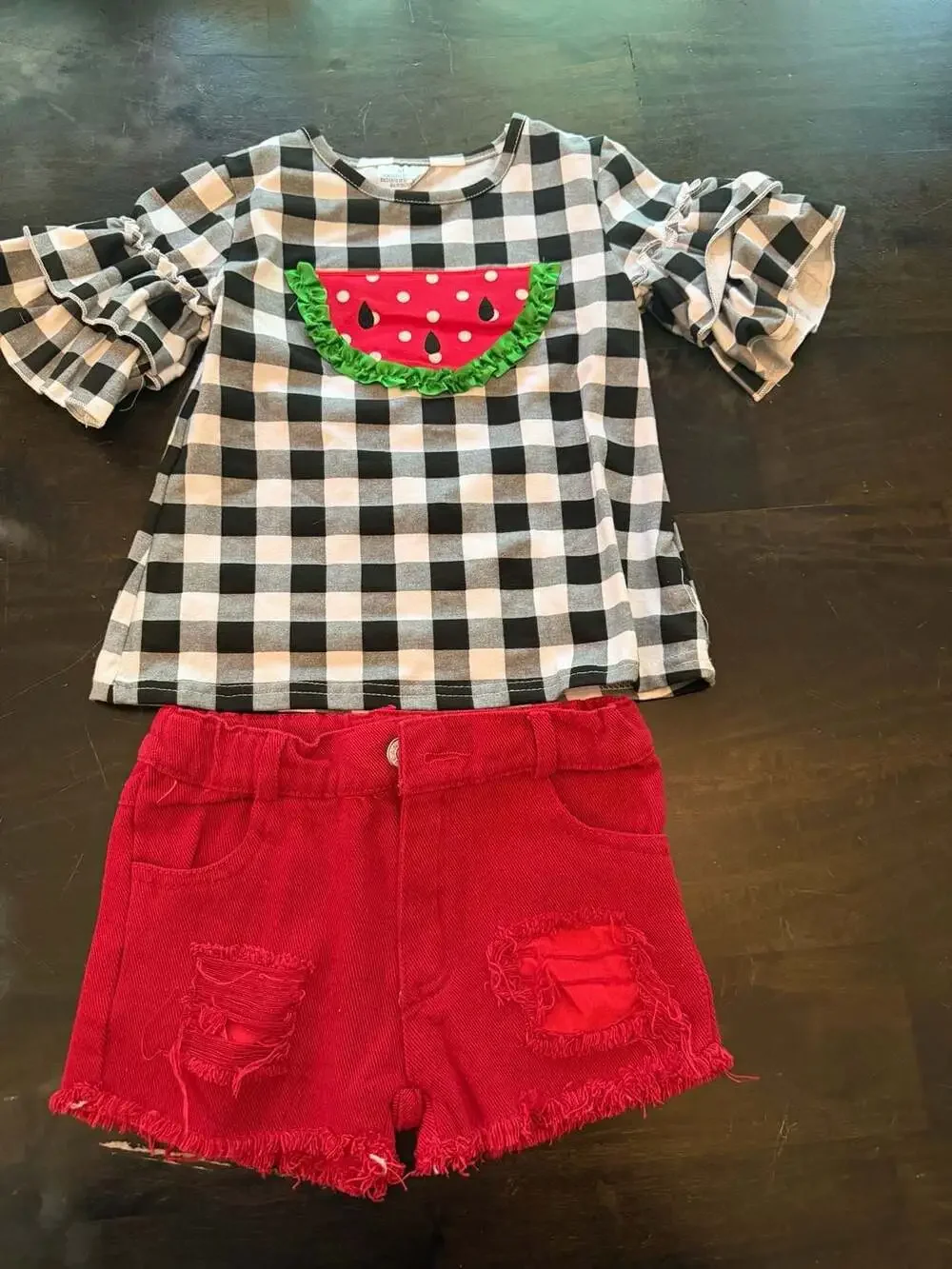 Girls Watermelon Black White Gingham Ruffle Sleeve Top and Red Denim Shorts